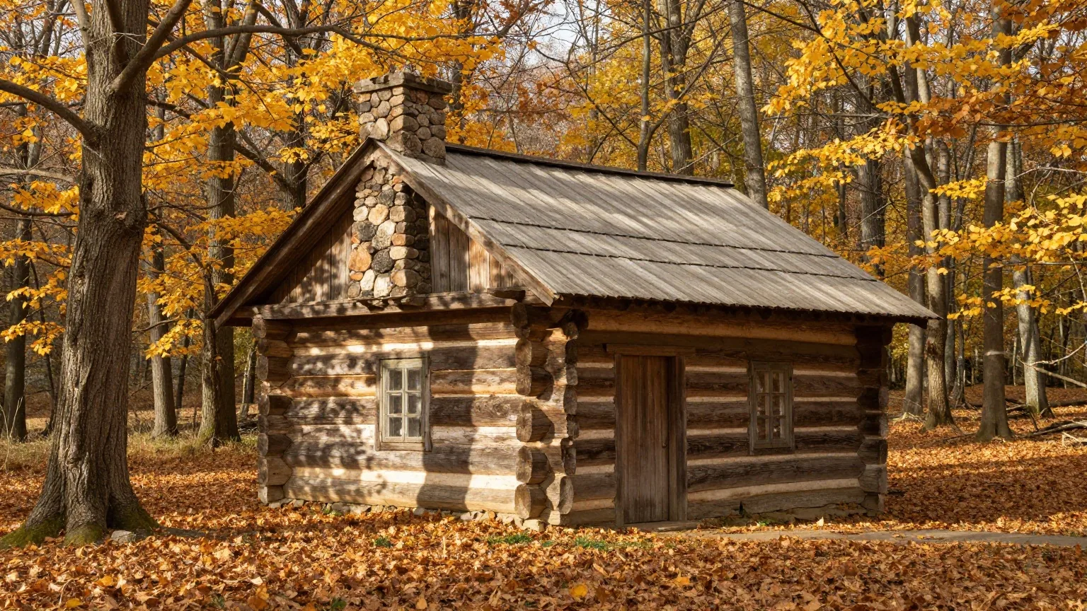 Eine kleine Blockhütte mit Steinkamin auf einer Lichtung im Laubwald bei goldenem Herbstlicht