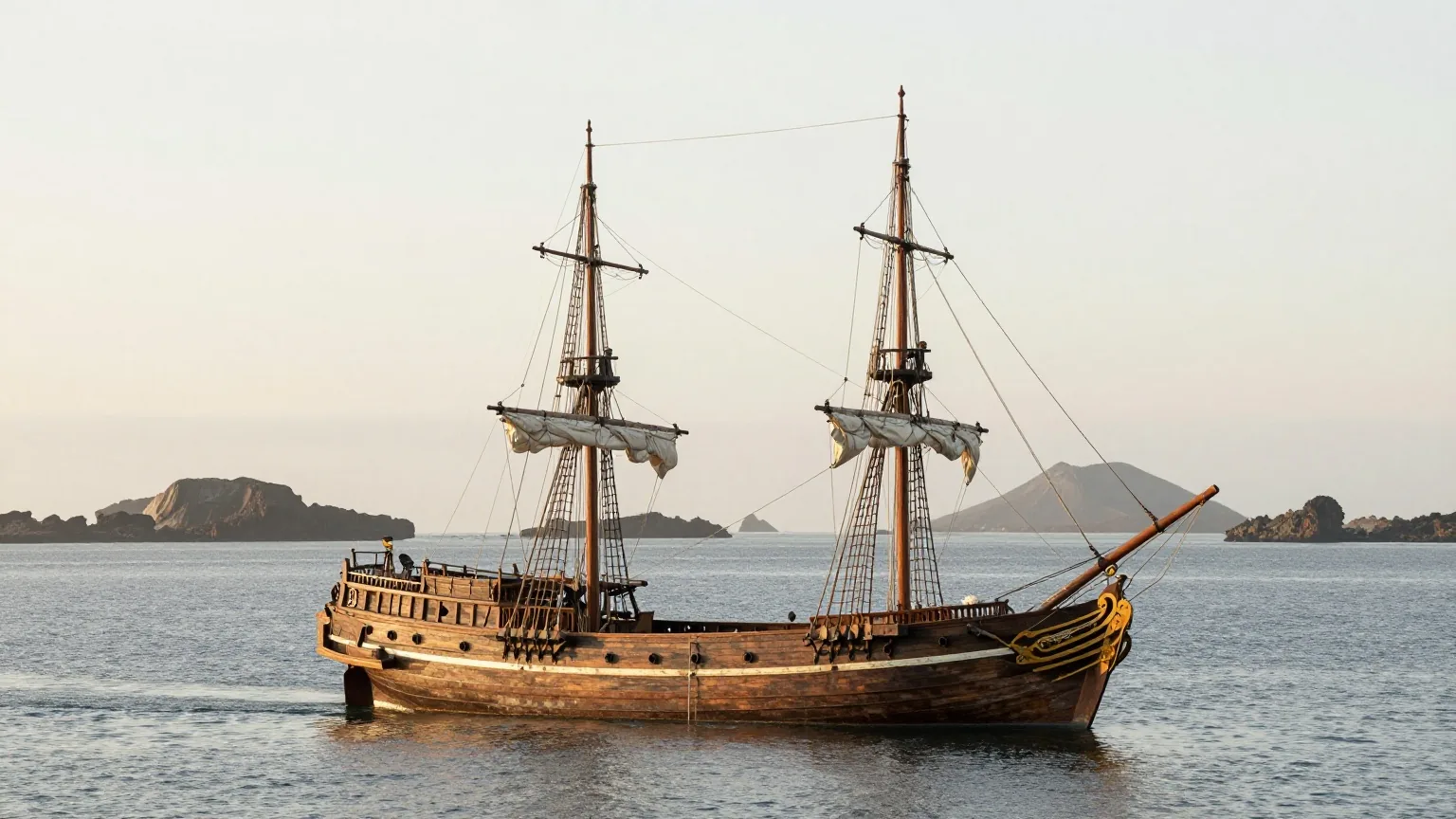 Ein verwittertes hölzernes Segelschiff ankert in einer ruhigen Bucht vor vulkanischen Inseln im Morgenlicht