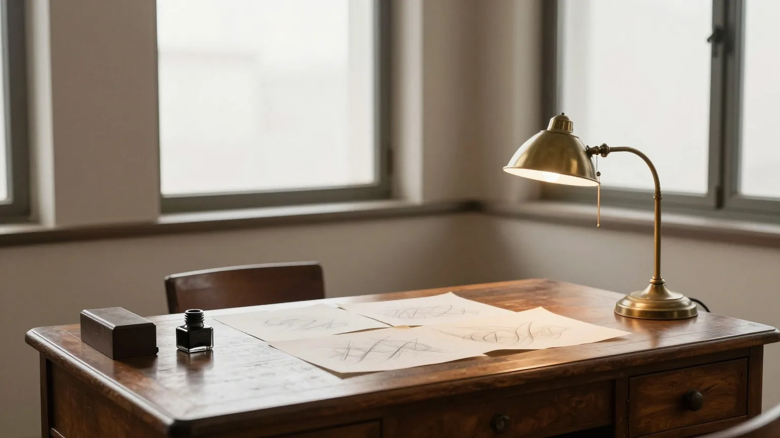 Ein stilles Arbeitszimmer mit Holzschreibtisch, Tintenfass, Skizzenblättern und Messinglampe im Nachmittagslicht