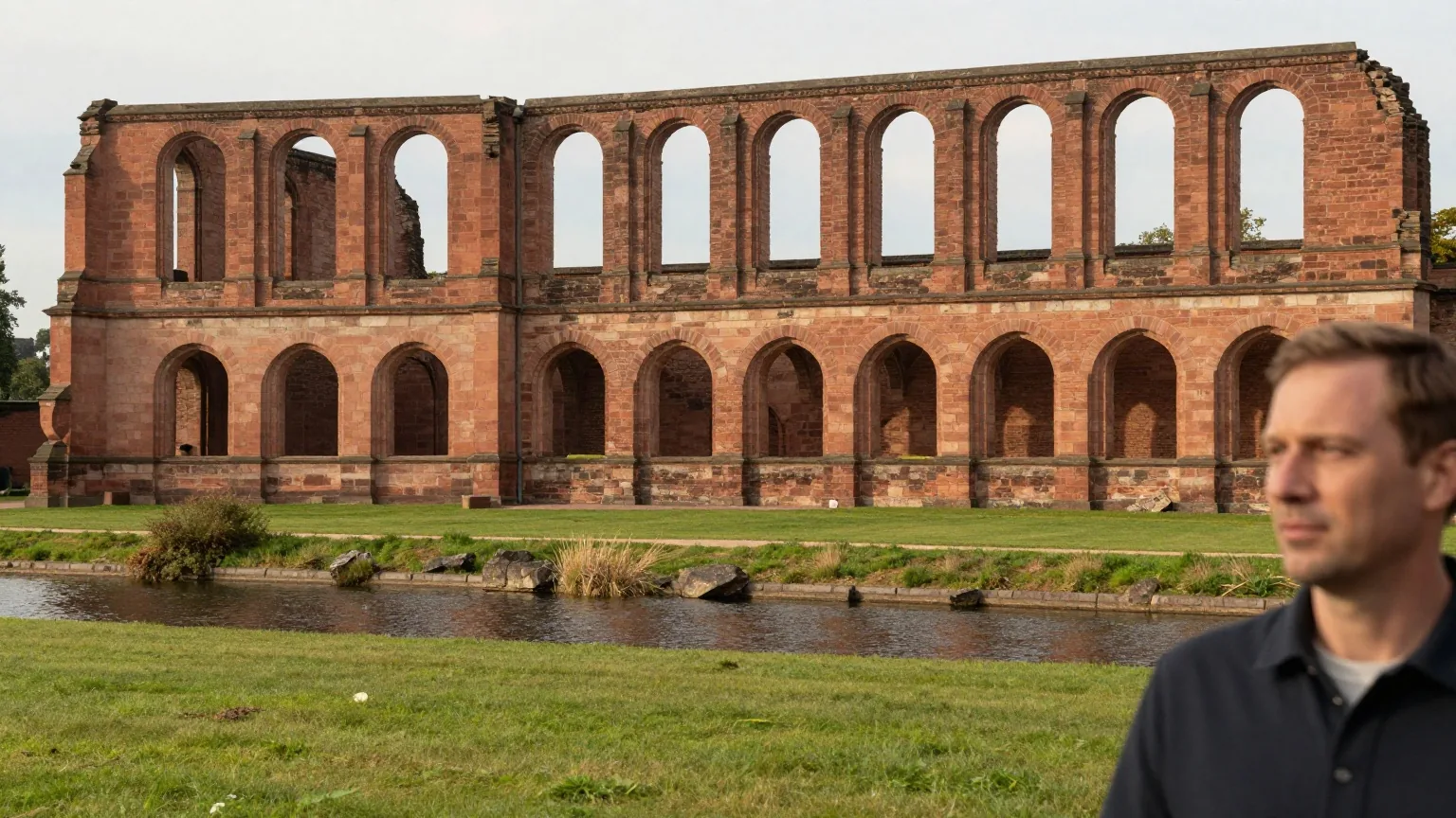 Die Ruine einer romanischen Kaiserpfalz aus rotem Sandstein mit Rundbogenarkaden an einem kleinen Fluss