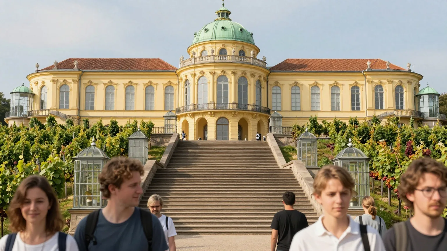 Ein gelbes Rokokoschloss mit grüner Kuppel über terrassierten Weinbergen mit verglasten Nischen und breiter Treppe