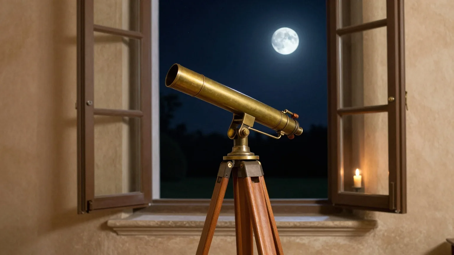 Ein altes Messingfernrohr auf einem Holzstativ steht nachts an einem offenen Fenster unter dem Sternenhimmel