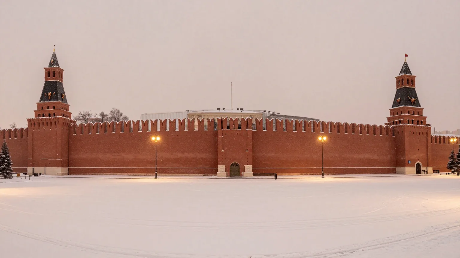 Ein weiter verschneiter Platz vor einer alten roten Backsteinmauer mit hohen Türmen in der Abenddämmerung