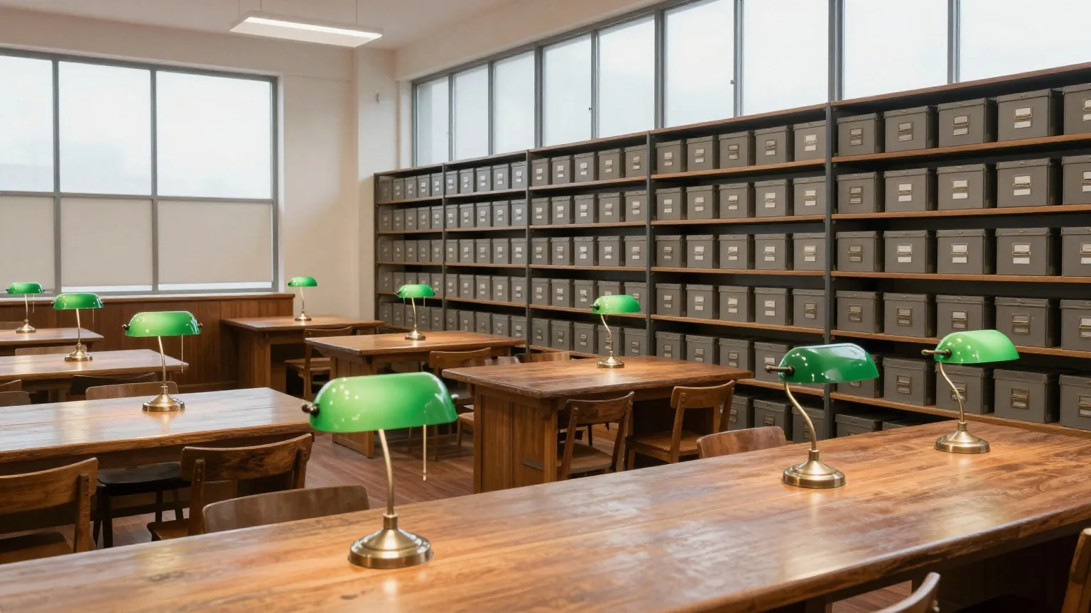Ein leerer Lesesaal eines Archivs mit langen Holztischen, grünen Lampen und grauen Kartons in Metallregalen