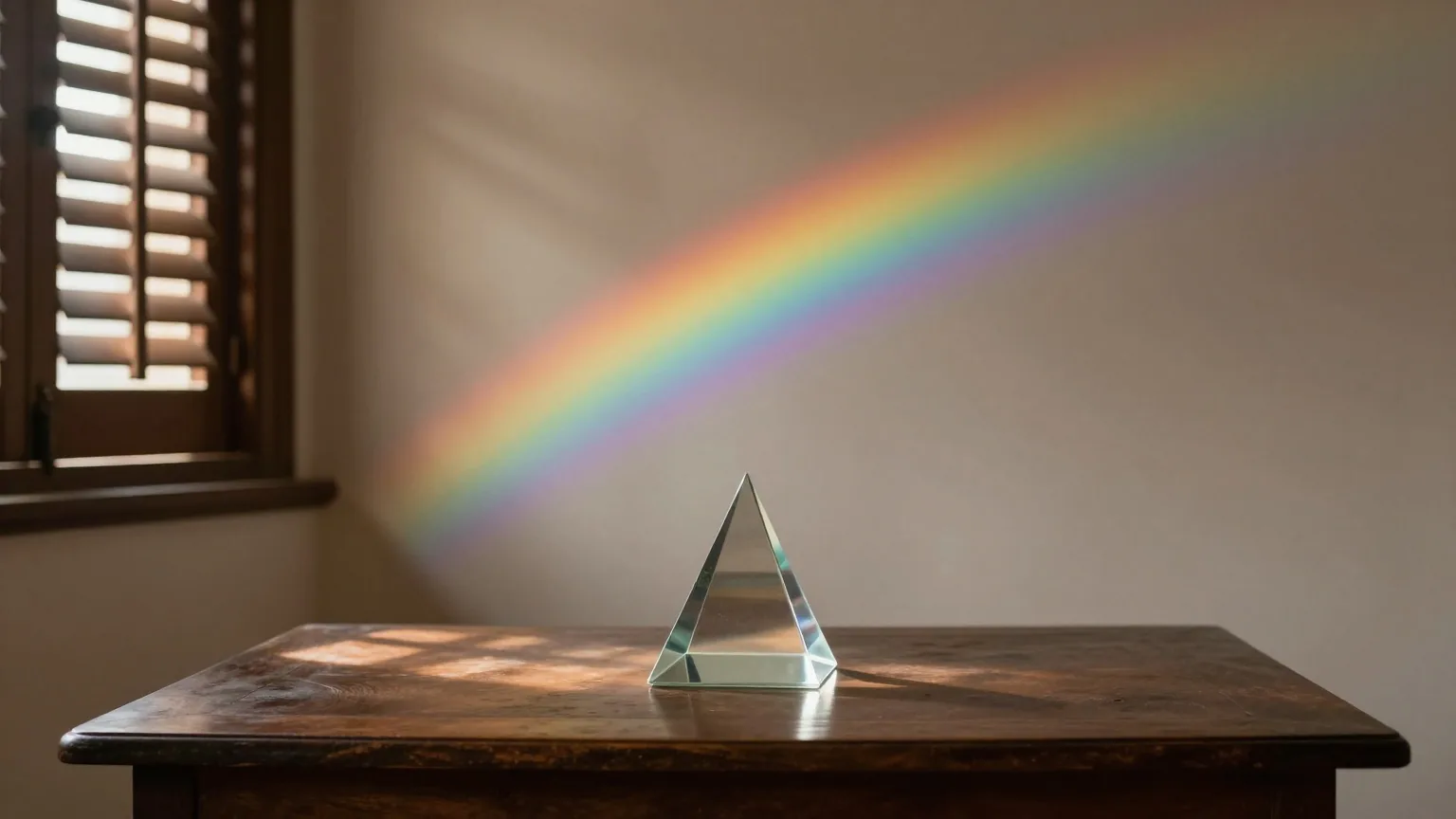 Ein Glasprisma auf einem dunklen Holztisch, ein schmaler Sonnenstrahl wird an der Wand in Regenbogenfarben zerlegt