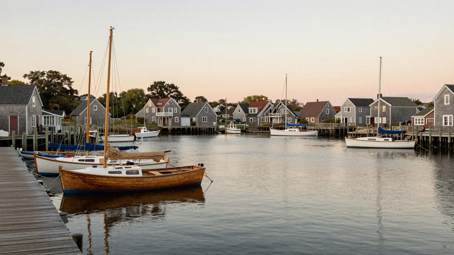 Ein ruhiger Hafen an der Küste Neuenglands in der Abenddämmerung mit Segelbooten an einem alten Holzsteg
