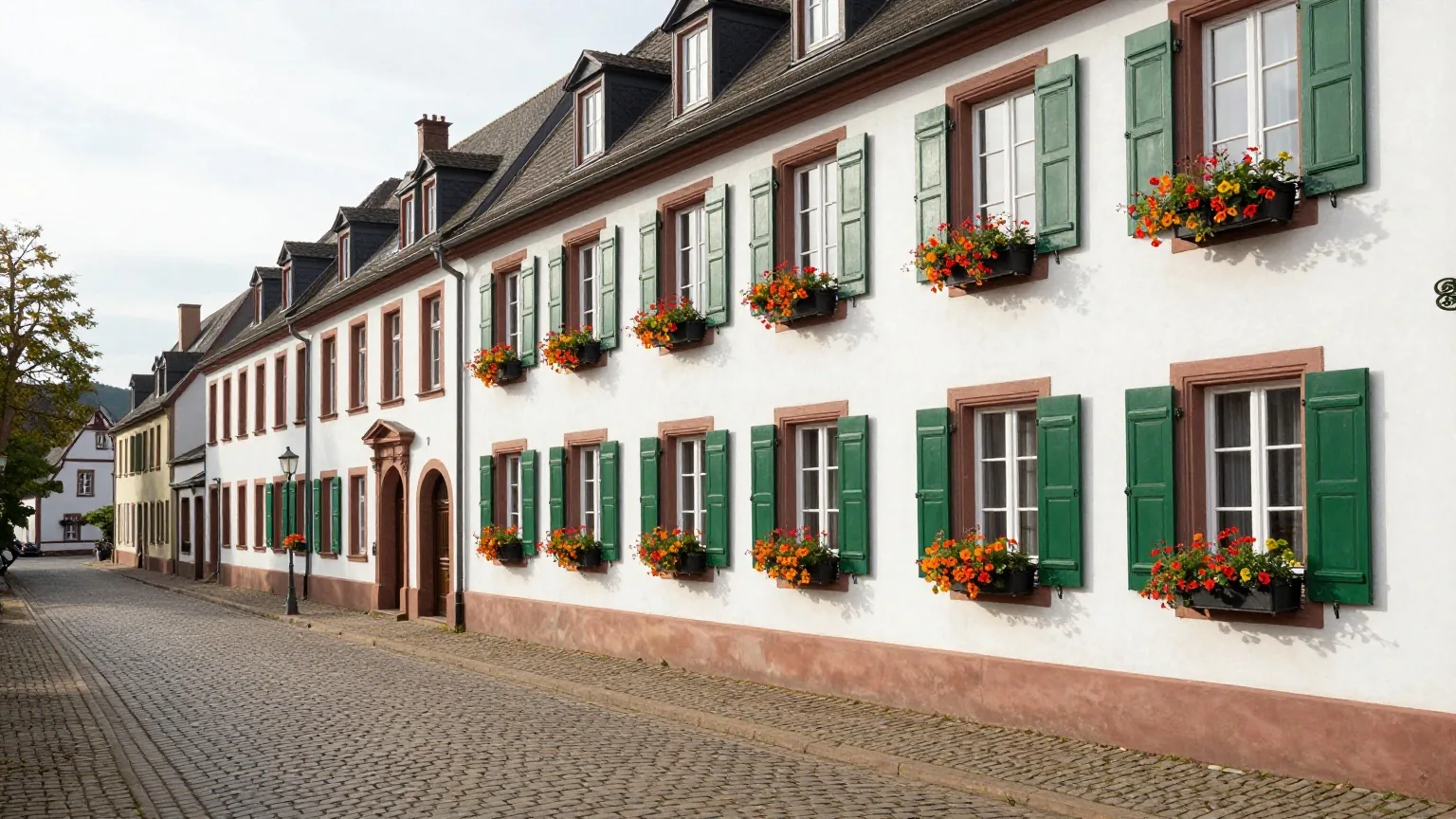 Eine ruhige gepflasterte Altstadtgasse an der Mosel mit einem weißen Barockhaus und grünen Fensterläden im Morgenlicht