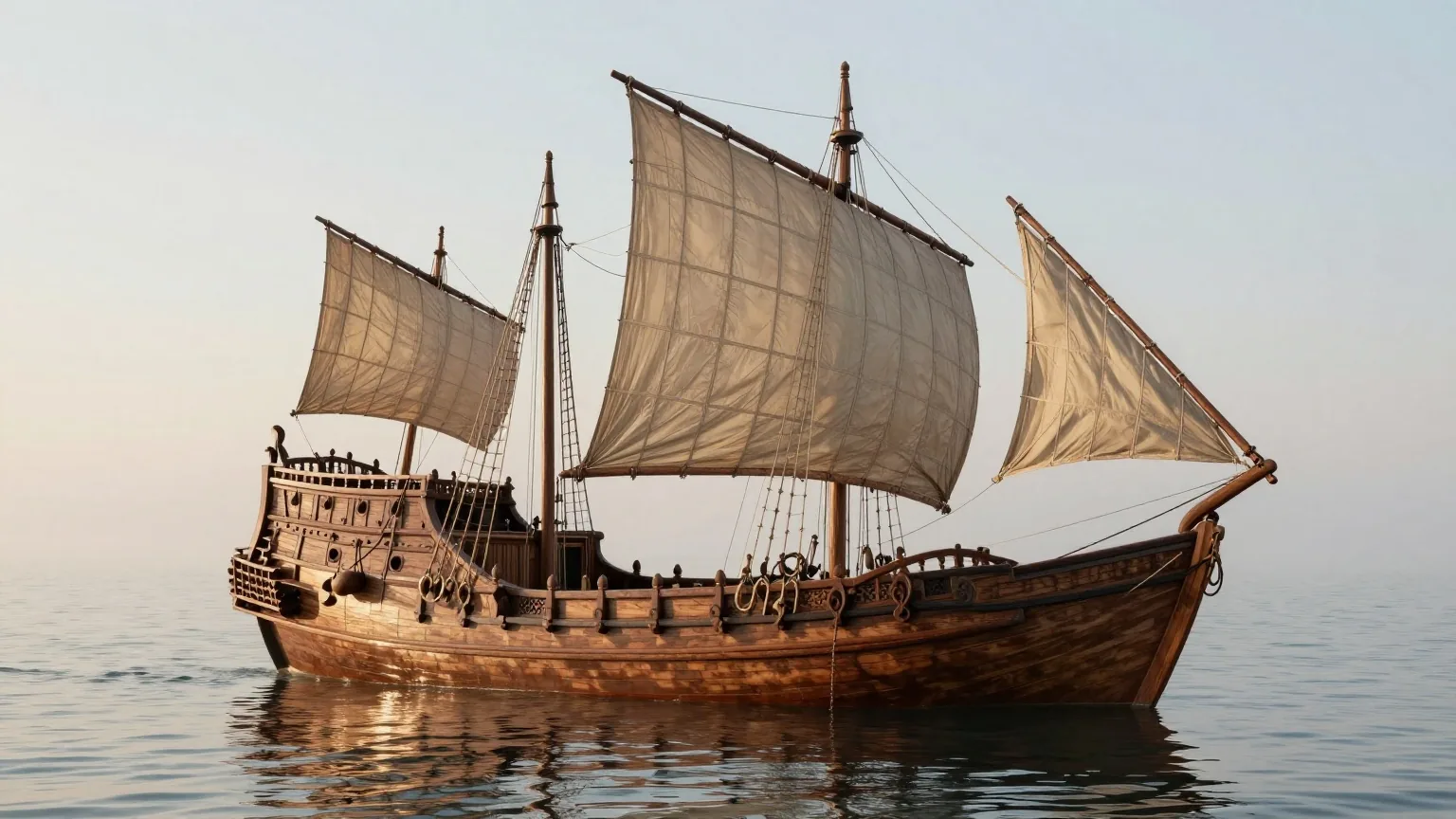 Der Nachbau einer Karavelle aus dem 15. Jahrhundert mit Lateinersegeln in einem ruhigen Hafen bei Sonnenaufgang