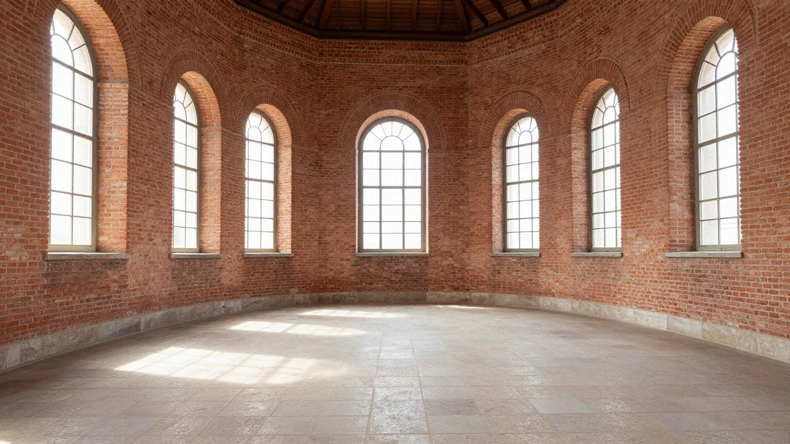 Die leere Halle eines spätrömischen Thronsaals aus rotem Ziegel mit hohen Bogenfenstern und halbrunder Apsis im Morgenlicht