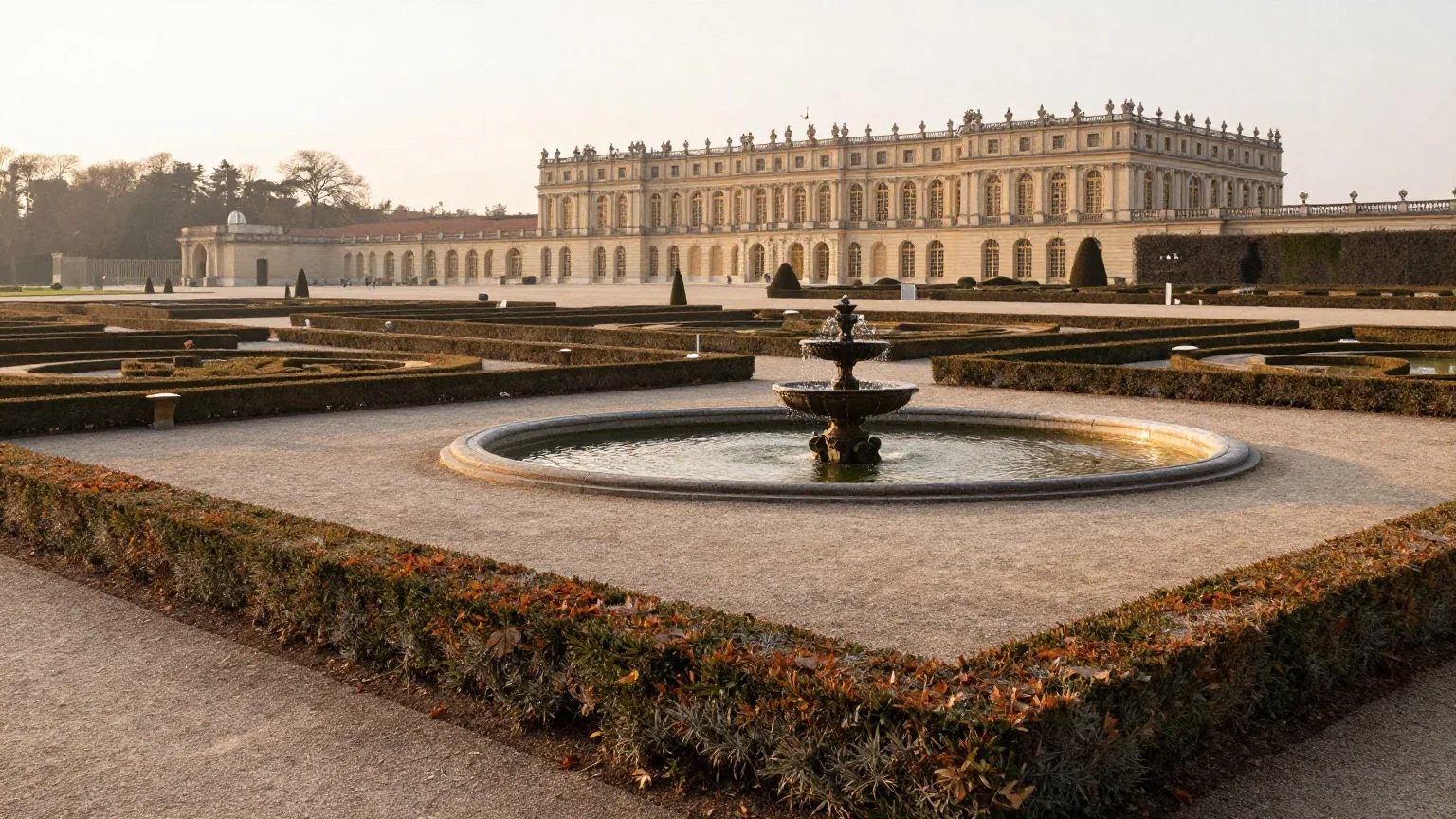 Ein weiter barocker Garten mit geschnittenen Hecken, Kieswegen und runden Brunnenbecken bei Sonnenaufgang vor einer Schlossfassade