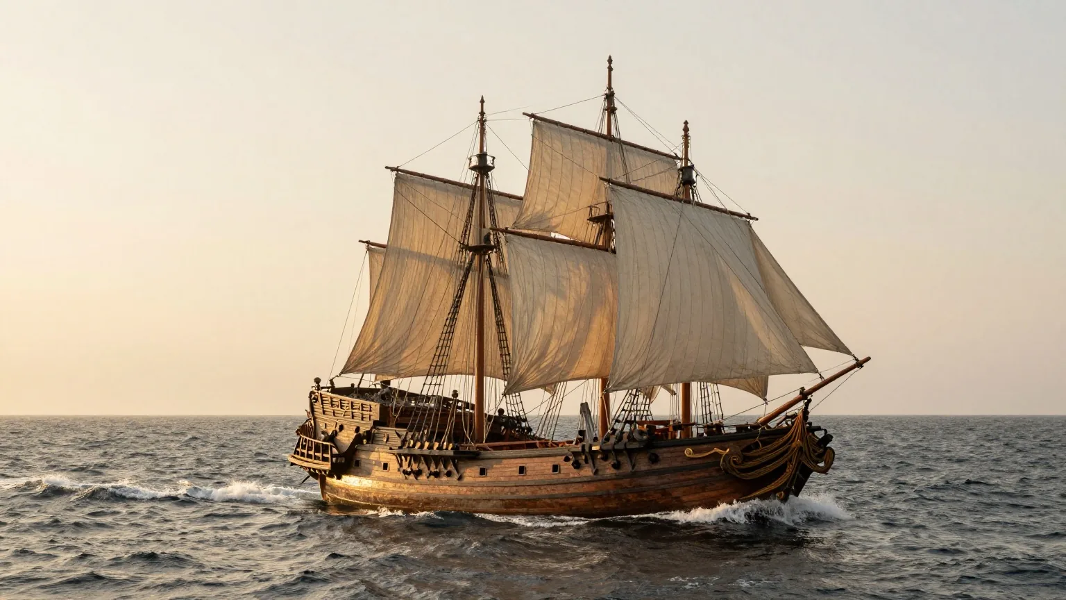 Ein hölzernes Segelschiff des 16. Jahrhunderts mit hellen Segeln auf offenem Meer bei Sonnenaufgang