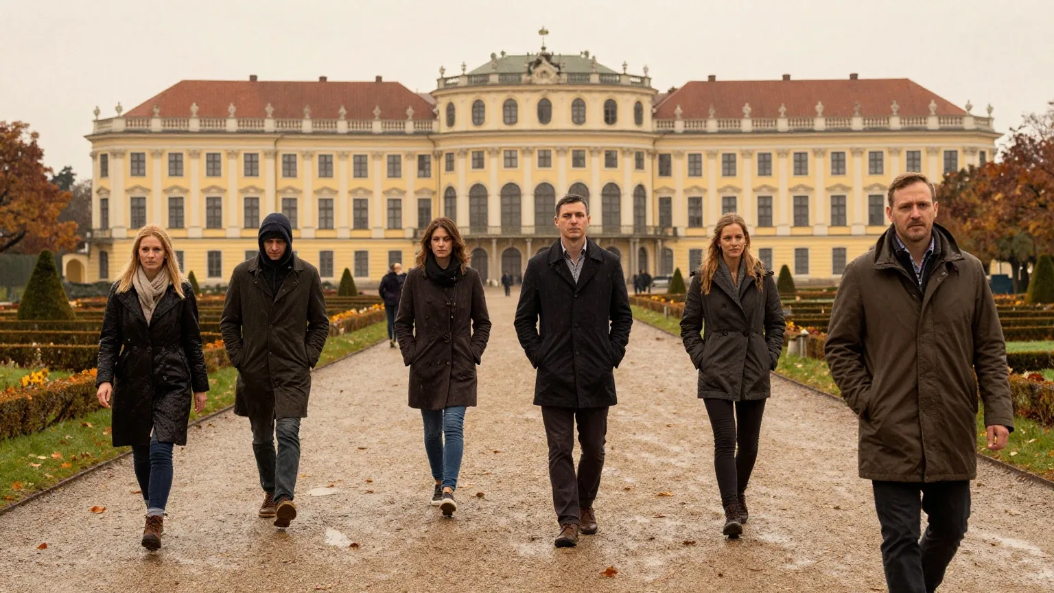 Ein barocker Schlossgarten im leichten Herbstregen mit Kieswegen, geschnittenen Hecken und einer langen gelben Fassade