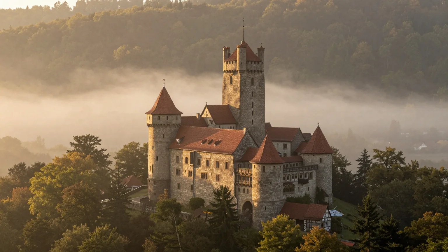 Eine mittelalterliche Burg auf einem bewaldeten Berg in Thüringen über Morgennebel im Tal