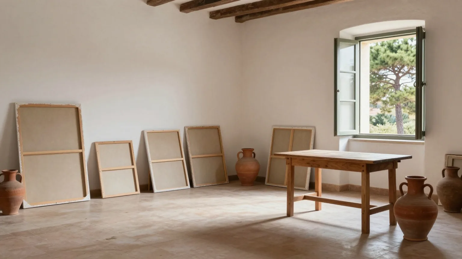 Ein sonniges leeres Atelier in einer Mittelmeervilla mit leeren Leinwänden, Tonkrügen und offenem Fenster zu Pinien
