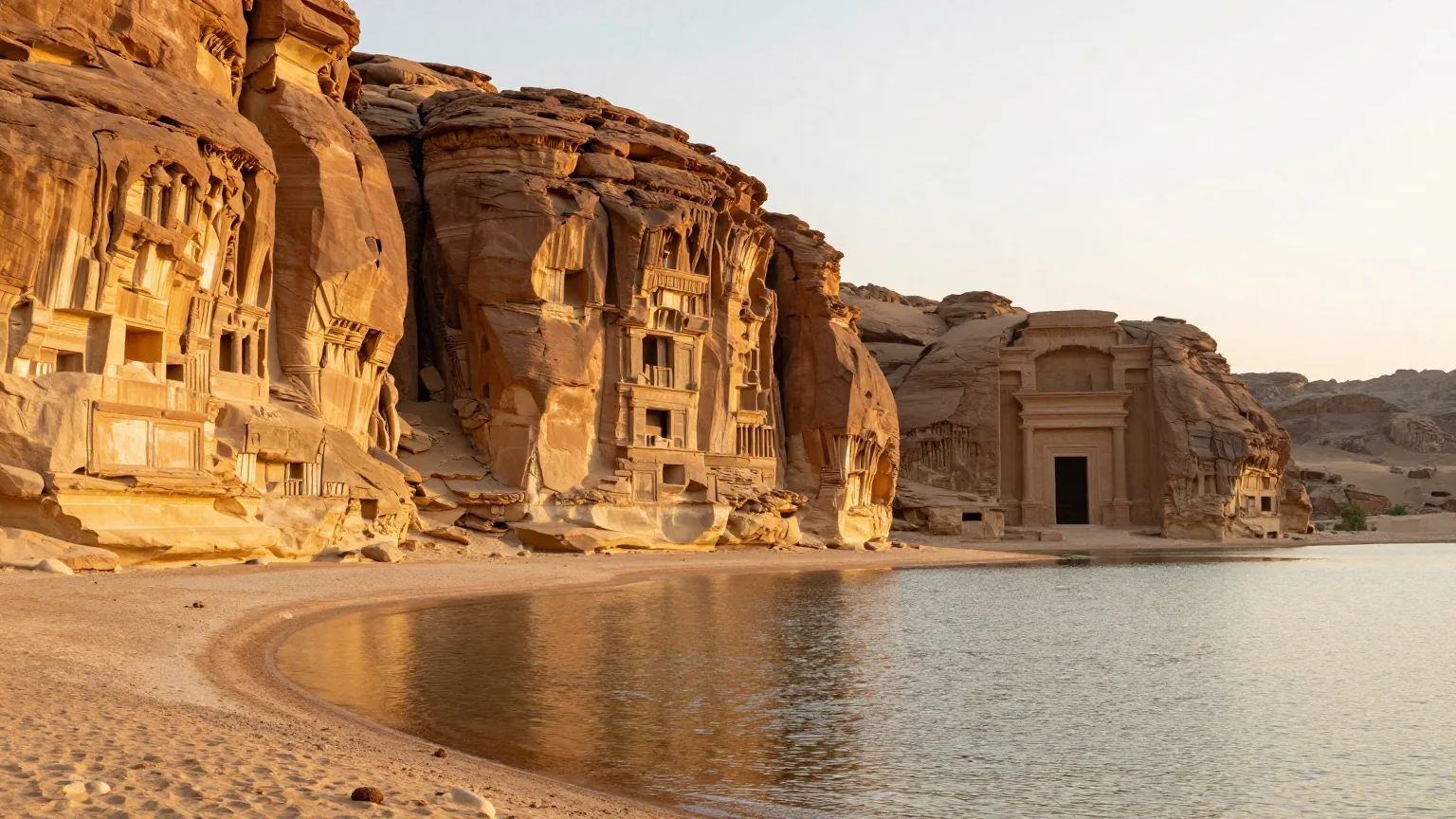 Goldene Sandsteinfelsen über einem weiten ruhigen Wüstensee bei Sonnenaufgang mit einem fernen Tempeleingang im Fels