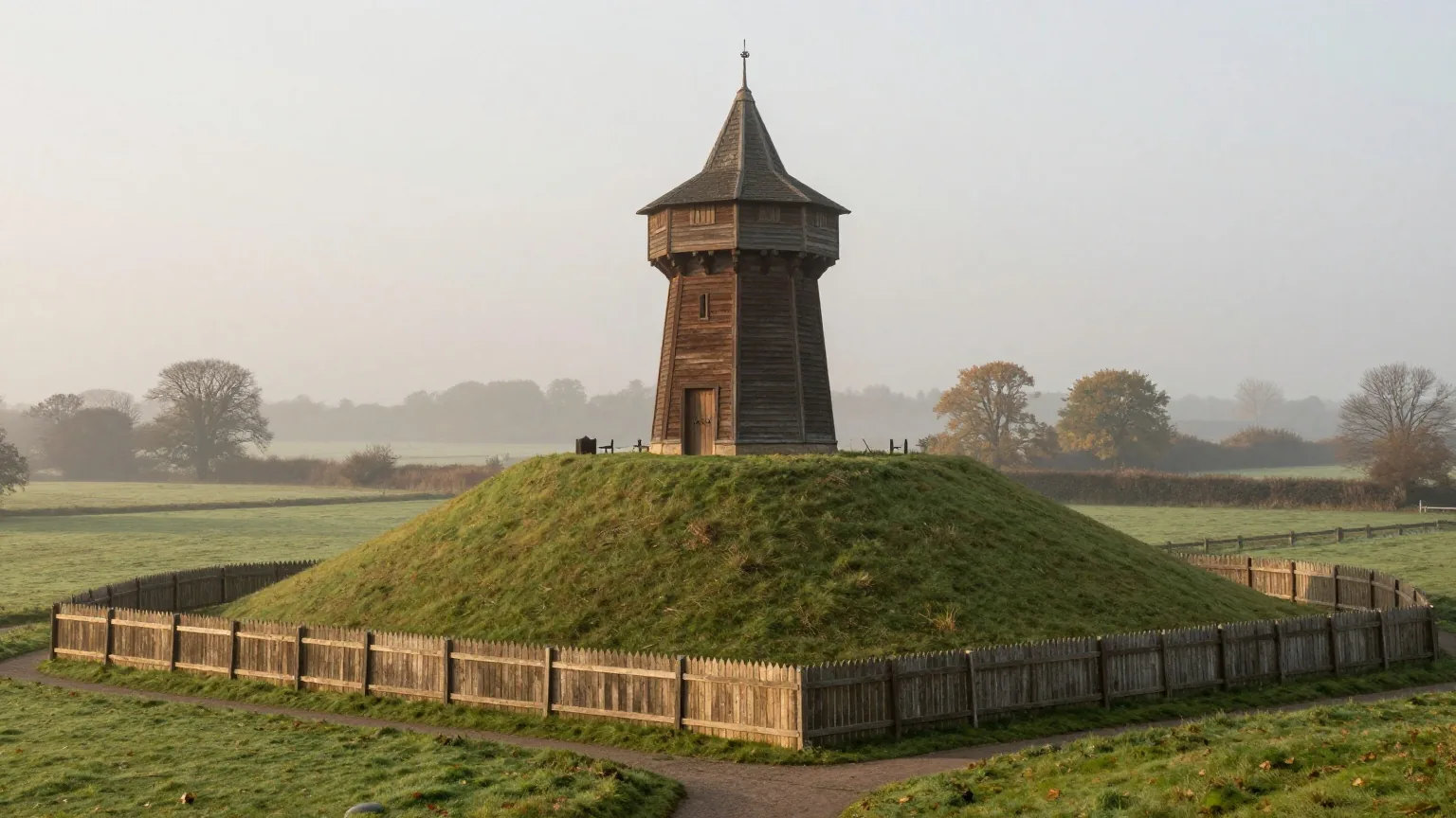 Ein hölzerner Turm auf einem hohen Erdhügel mit Palisade und Graben im Herbstnebel einer englischen Landschaft