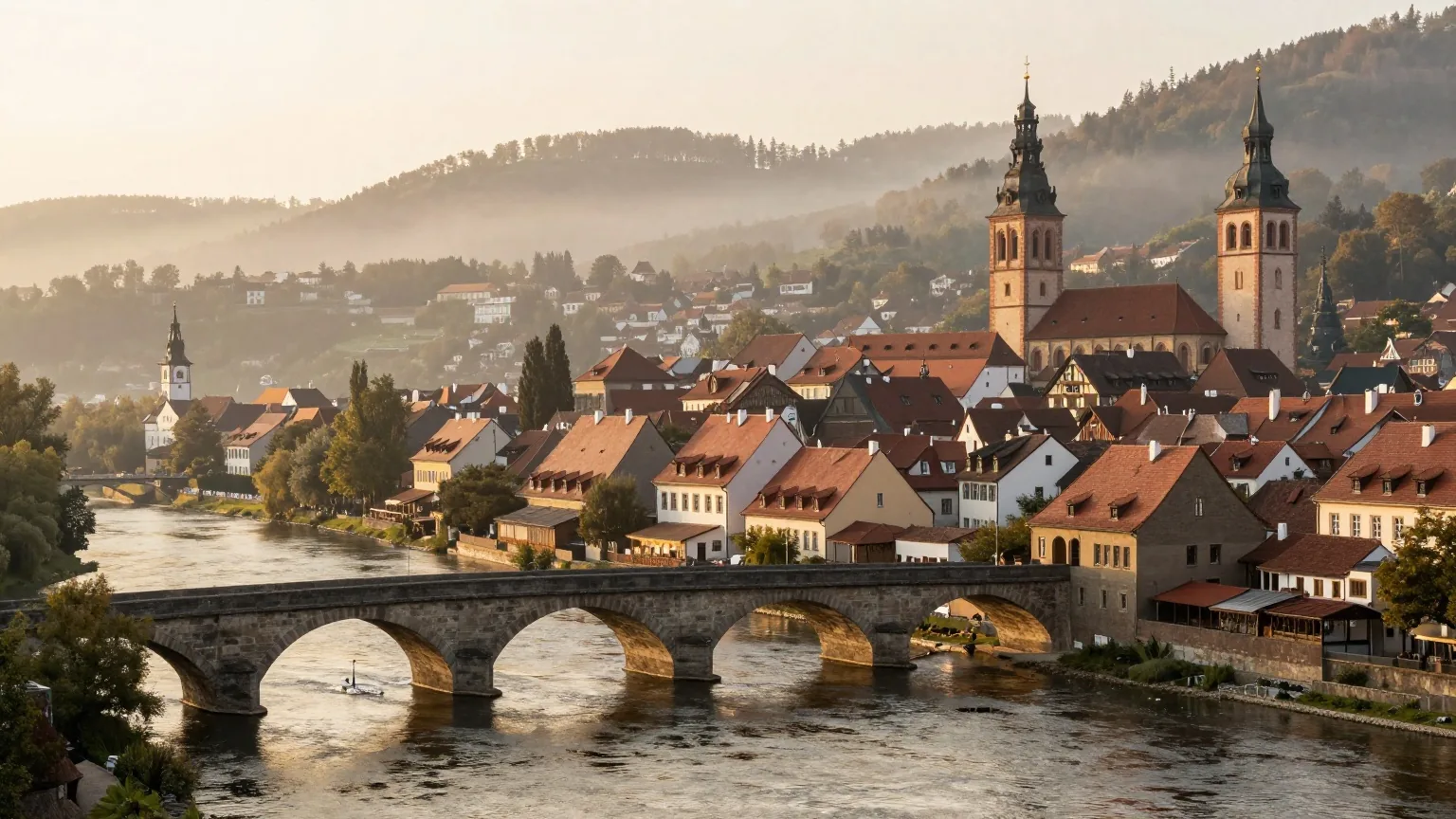 Ein Flusstal im Morgenlicht mit alter Steinbrücke, einer mittelalterlichen Stadt mit roten Dächern und Kirchtürmen