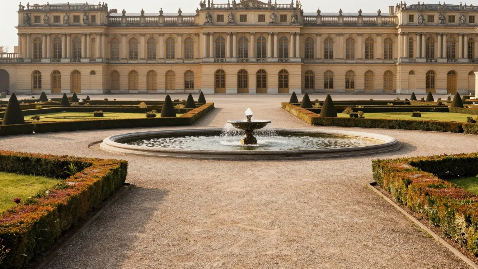 Ein weiter Schlossgarten mit geschnittenen Hecken, runden Brunnen und Kieswegen vor einer großen klassizistischen Schlossfassade
