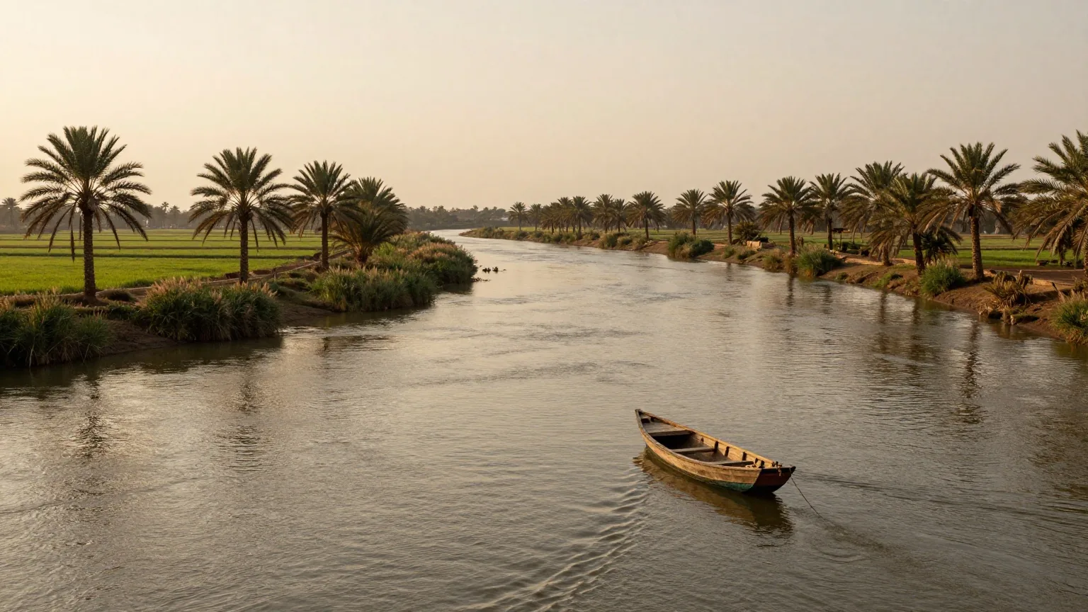 Ein breiter, ruhiger Fluss mit Dattelpalmen an beiden Ufern bei Sonnenuntergang, Schilf und ein kleines Holzboot