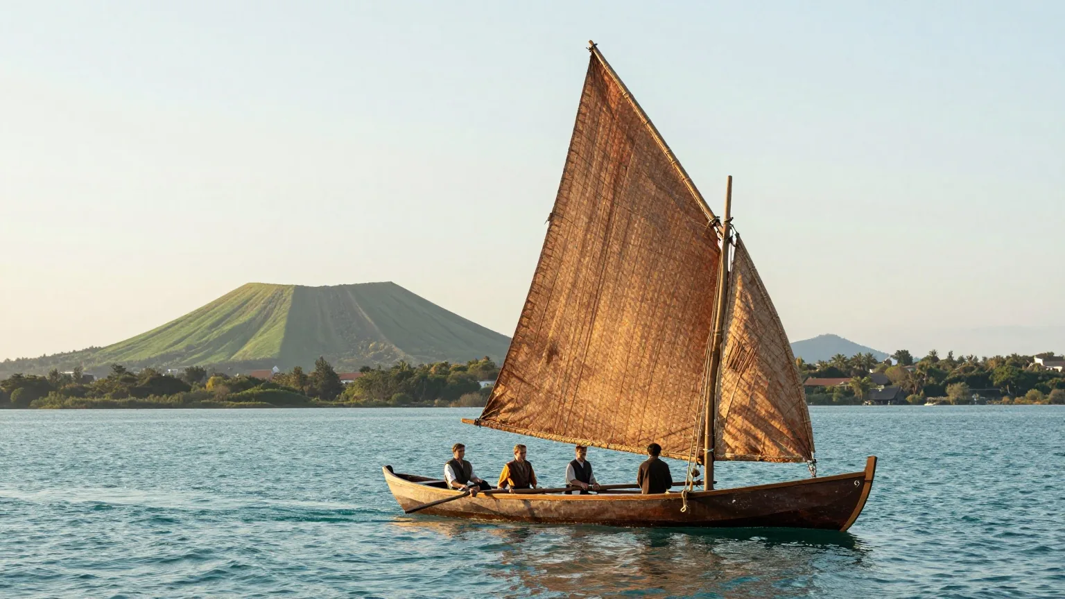 Ein traditionelles Doppelrumpfkanu mit geflochtenen Segeln in einer türkisfarbenen Lagune vor einer grünen Vulkaninsel bei Sonnenaufgang