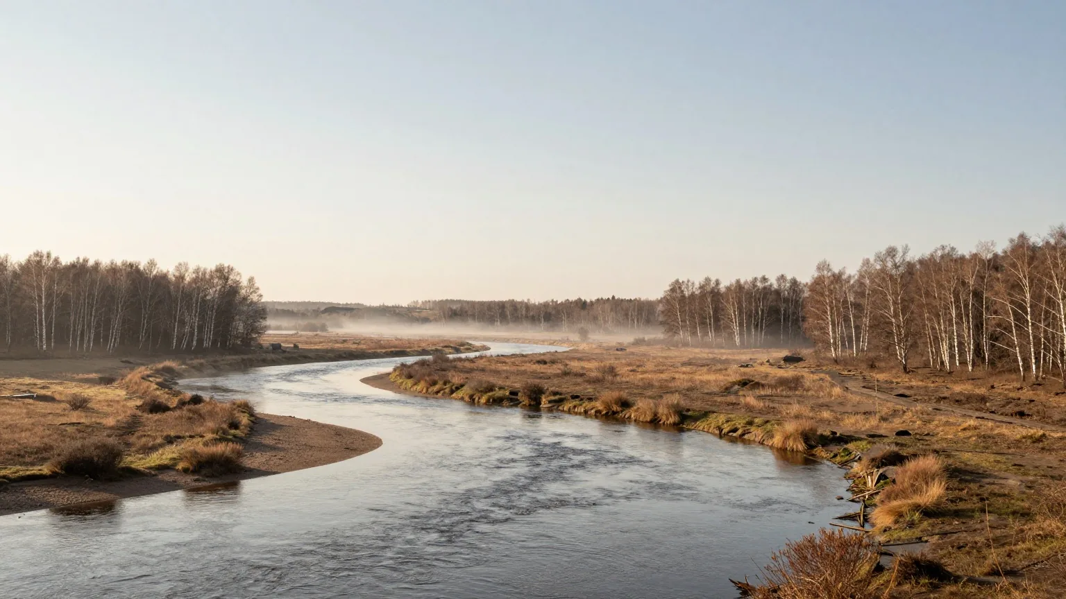 Ein breiter Fluss windet sich durch eine weite Ebene mit Birkenwäldern und Wiesen unter Morgennebel