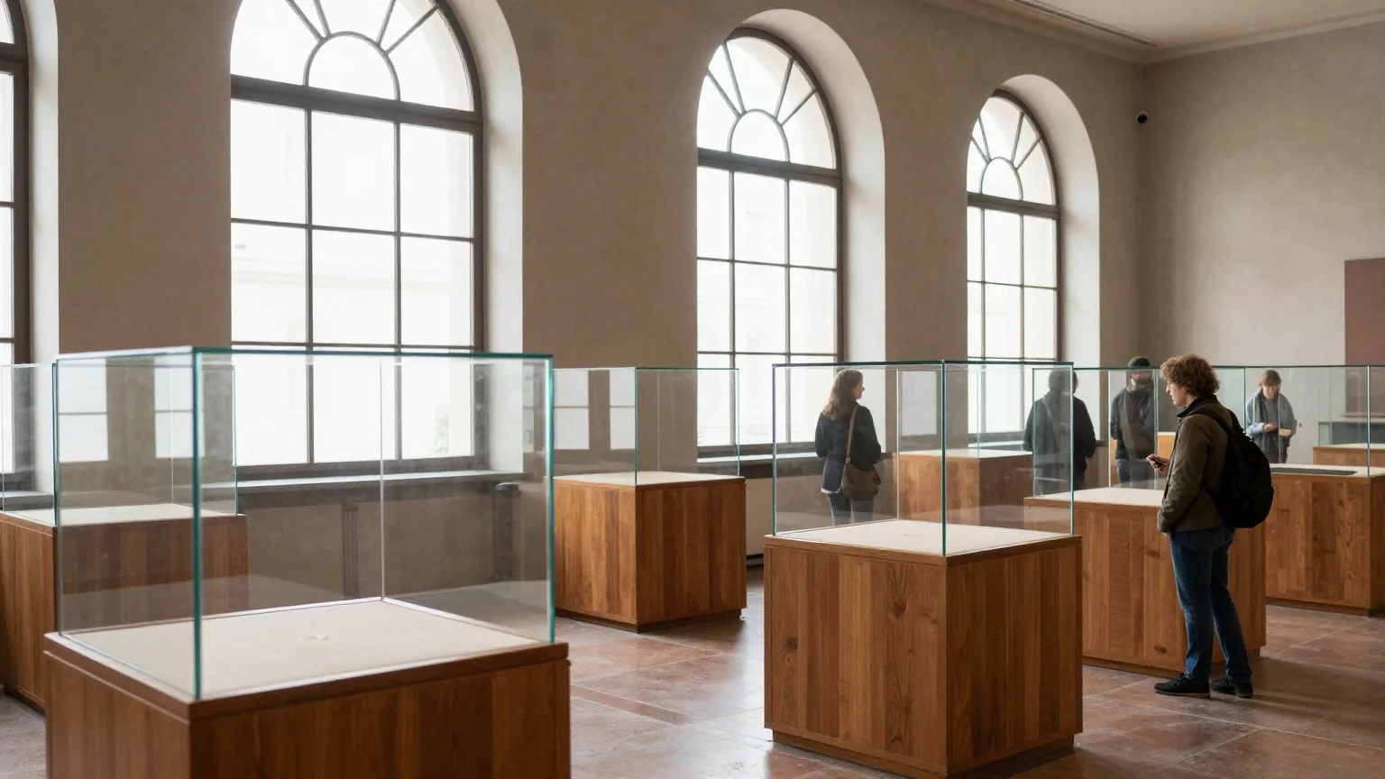 Eine ruhige Museumshalle mit hohen Bogenfenstern, leeren Vitrinen auf Holzsockeln und glänzendem Steinboden im Nachmittagslicht