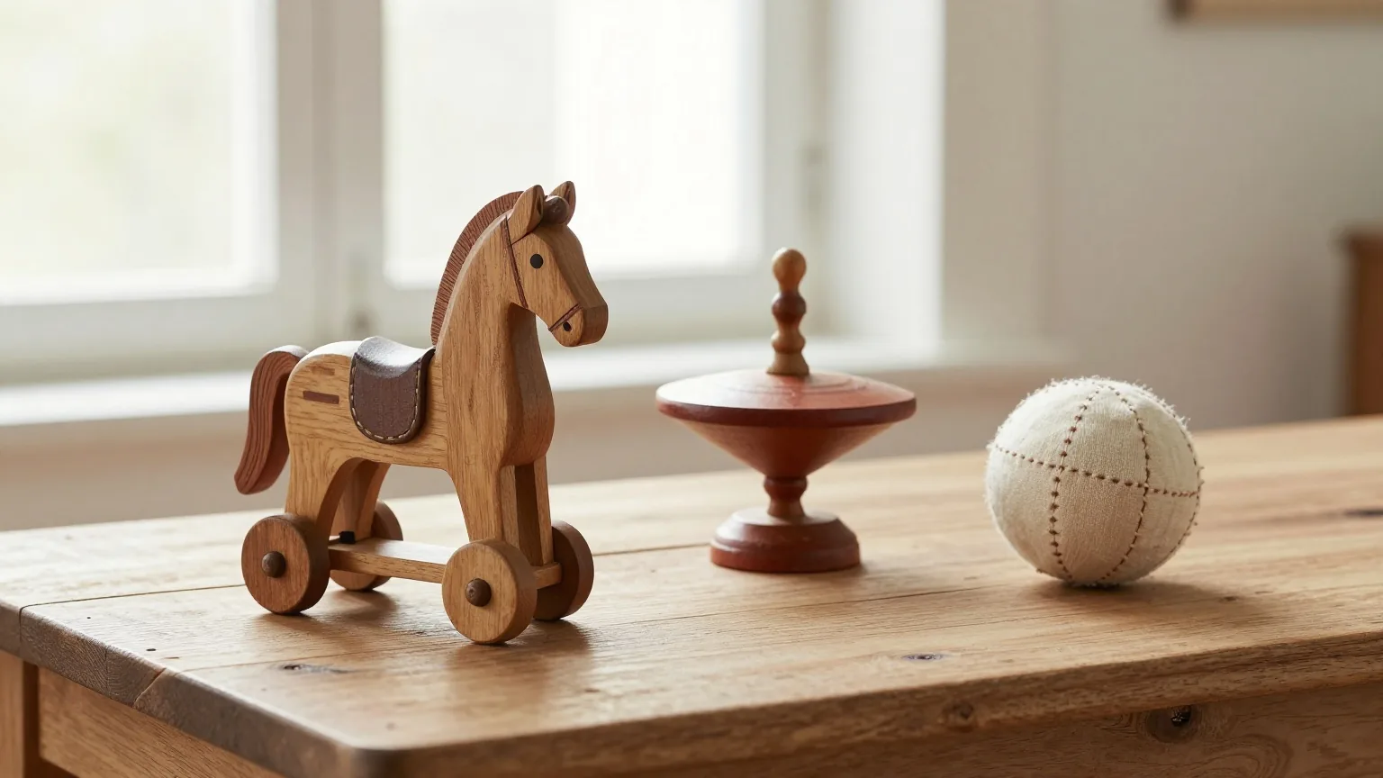 Altes handgemachtes Holzspielzeug auf einem Eichentisch: ein Pferd auf Rädern, ein Kreisel und ein Stoffball