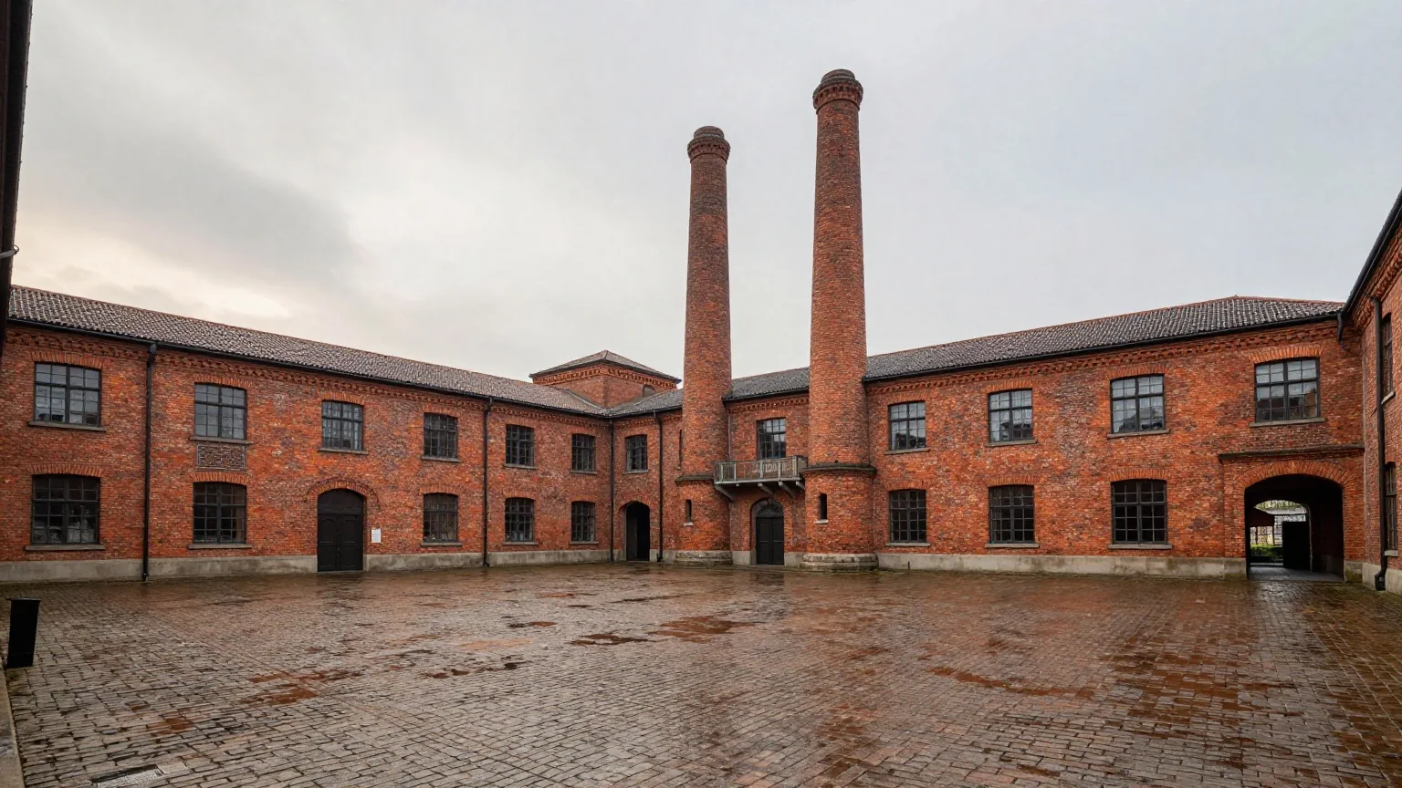 Ein leerer Fabrikhof aus rotem Backstein mit hohen Schornsteinen unter grauem Morgenhimmel und nassem Kopfsteinpflaster