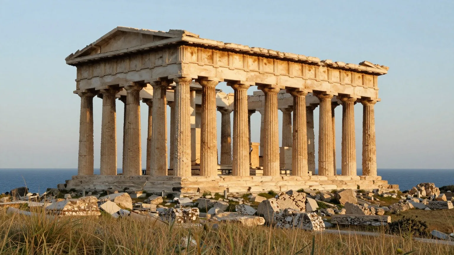 Ruinen eines antiken griechischen Tempels mit verwitterten dorischen Säulen auf einem Hügel über dem Meer im Abendlicht
