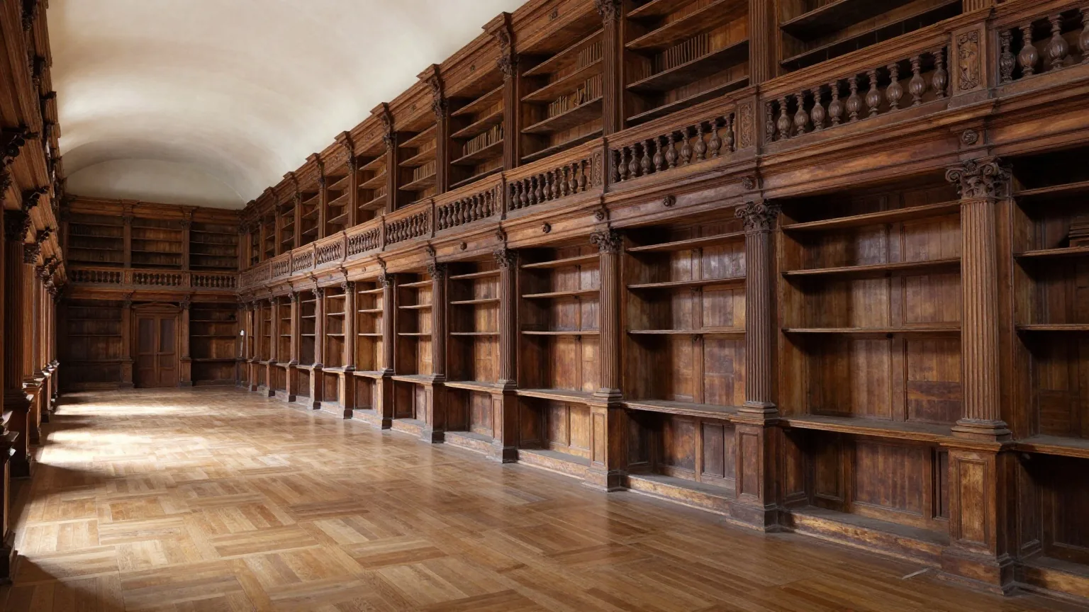 Ein langer barocker Bibliothekssaal mit geschnitzten Holzgalerien und fast leeren Regalen im schrägen Morgenlicht