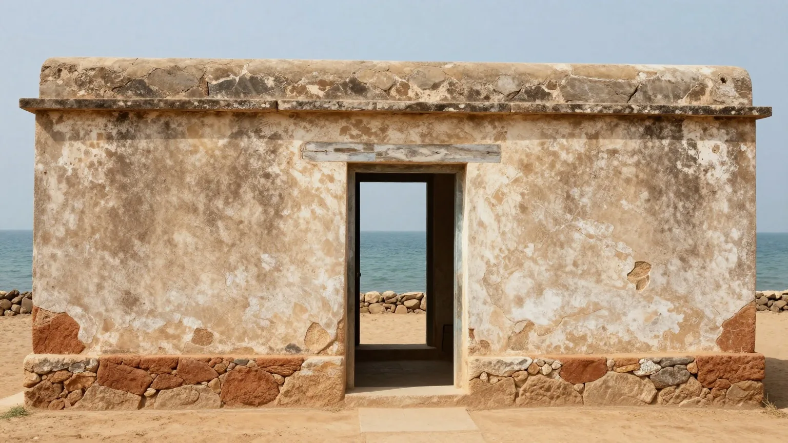 Ein altes weiß gekalktes Steinhaus auf einer westafrikanischen Insel mit schmaler offener Tür zum ruhigen Meer
