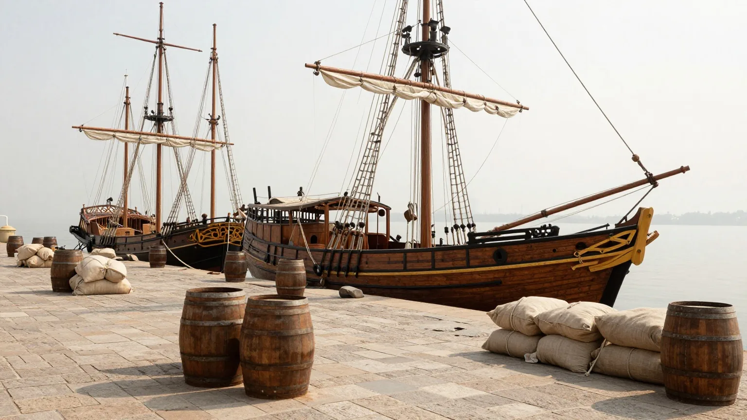 Ein historischer Hafenkai mit hölzernen Segelschiffen, Fässern, Säcken und Stoffballen im Morgendunst