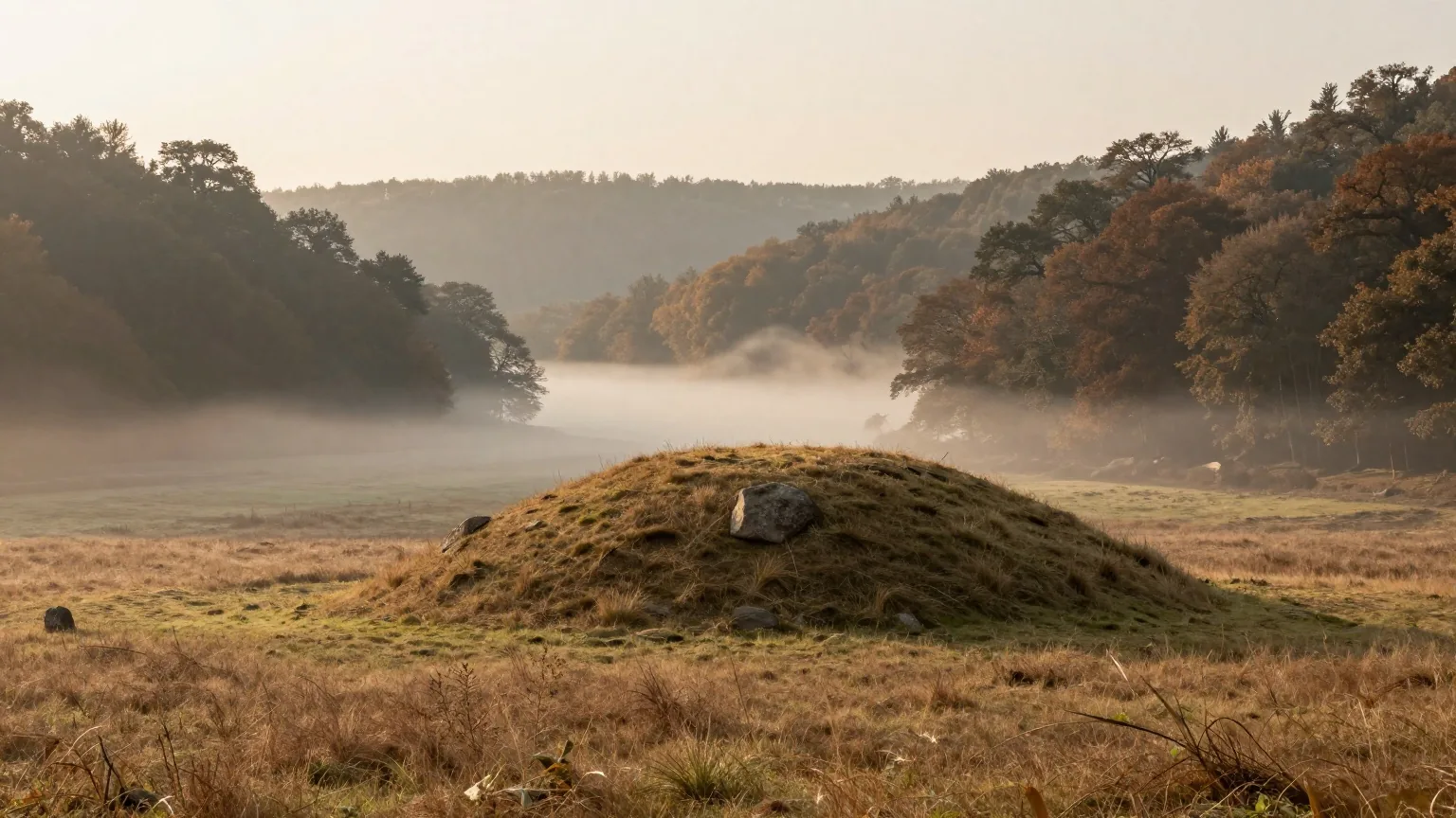 Ein nebliges Flusstal bei Sonnenaufgang mit einem grasbewachsenen Grabhügel auf einer Wiese und Eichenwald an den Hängen