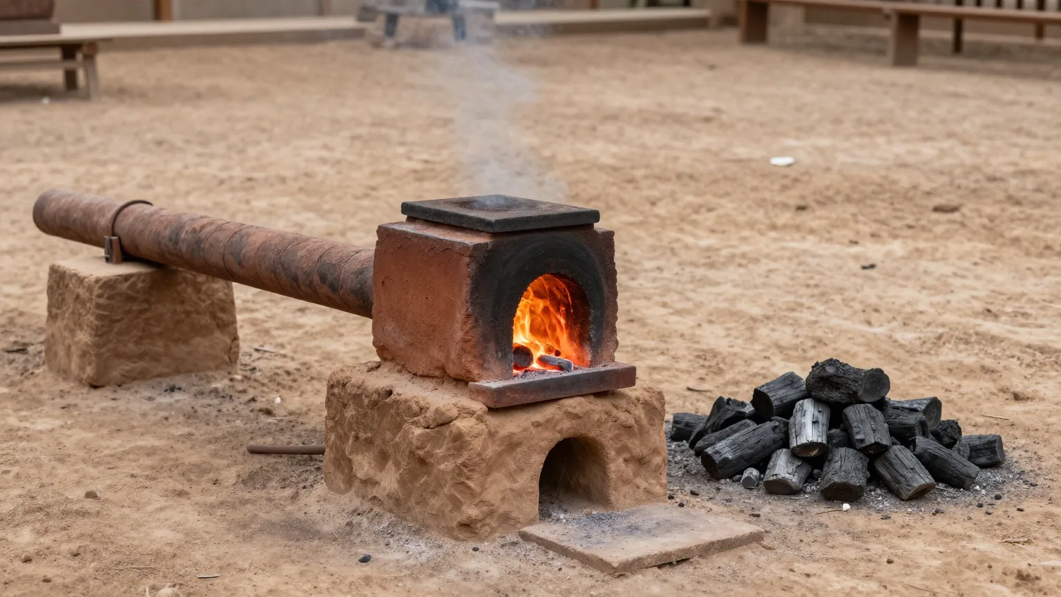 Ein nachgebauter Schachtofen aus Lehm in einem Freilichtgelände, an seinem Fuß glühende Holzkohle