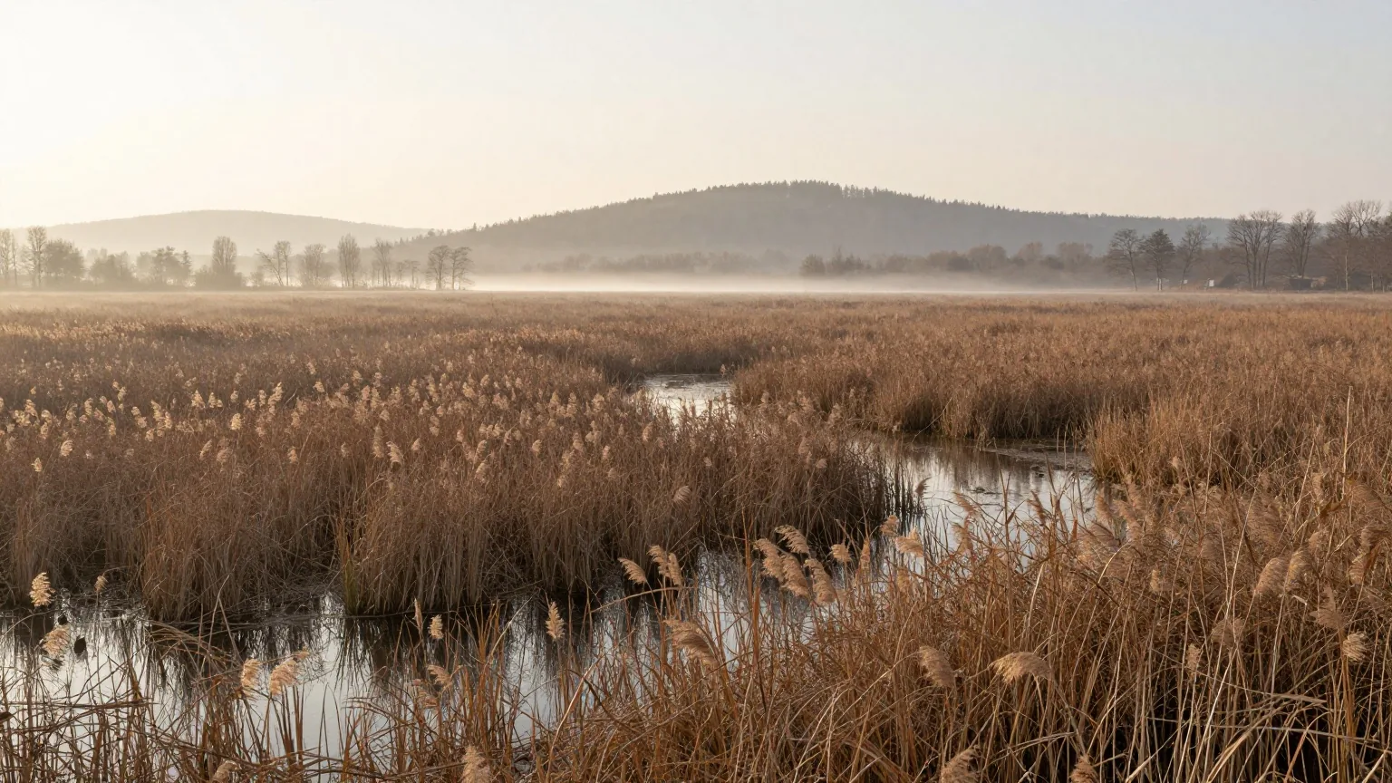 Ein weites Moorgebiet mit Schilf und flachen Wasserläufen im Morgennebel, im Hintergrund bewaldete Hügel