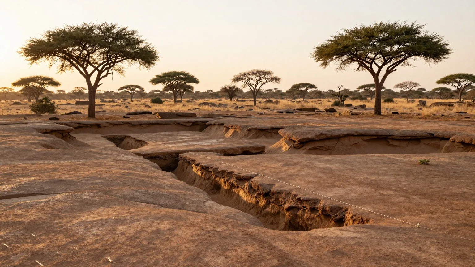 Eine trockene Savanne in Ostafrika im Morgenlicht mit ausgewaschenen Rinnen und einer leeren Grabungsstelle