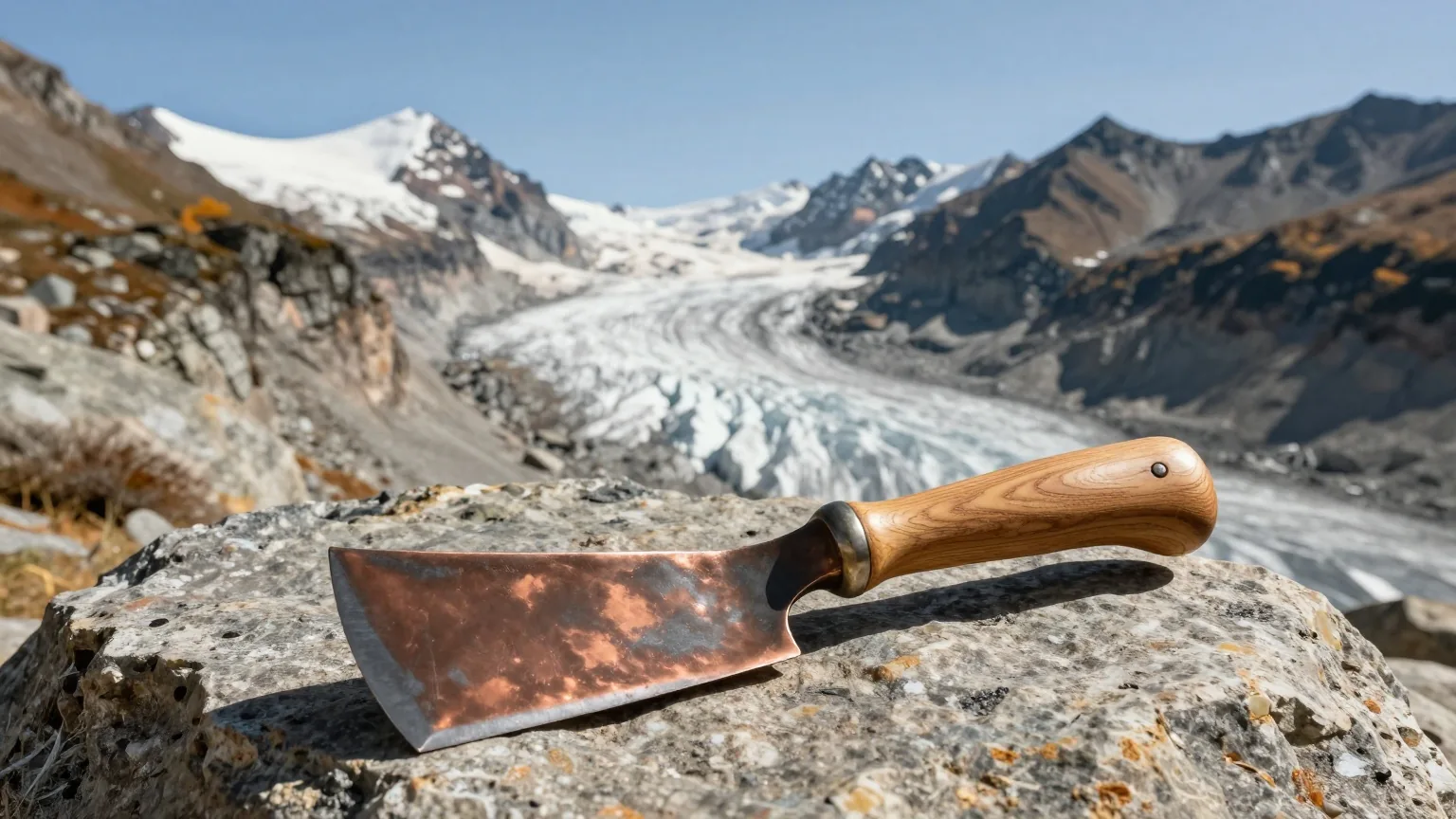 Ein hochalpiner Pass mit kleinem Gletscher und Felsgraten, davor ein nachgebautes Kupferbeil mit Holzschaft auf einem Stein