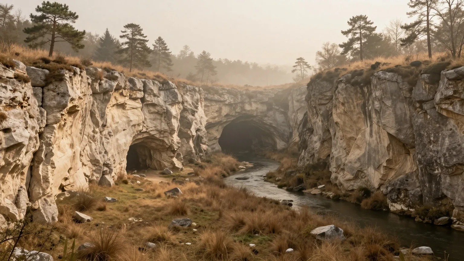 Ein Flusstal im Morgendunst mit hellen Kalkfelsen, einem flachen Höhleneingang, Grasland und einzelnen Kiefern